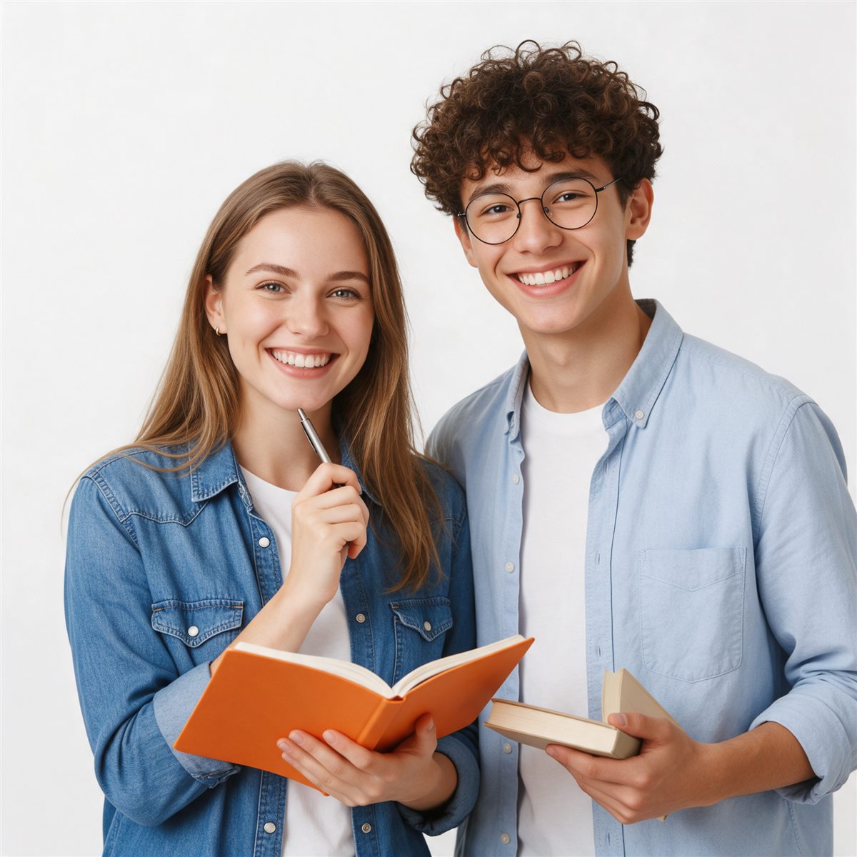Преподаватель и ученик с книгами улыбаются